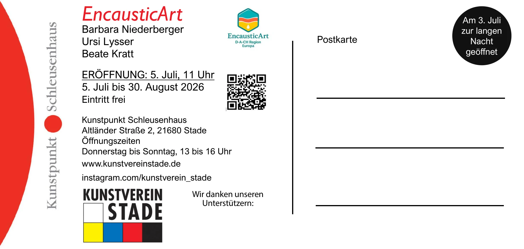 Einladung Rückseite, Kunstpunkt Schleusenhaus Stade, 5. Juli bis 30. August 2026, Eröffnung 5. Juli 11 Uhr