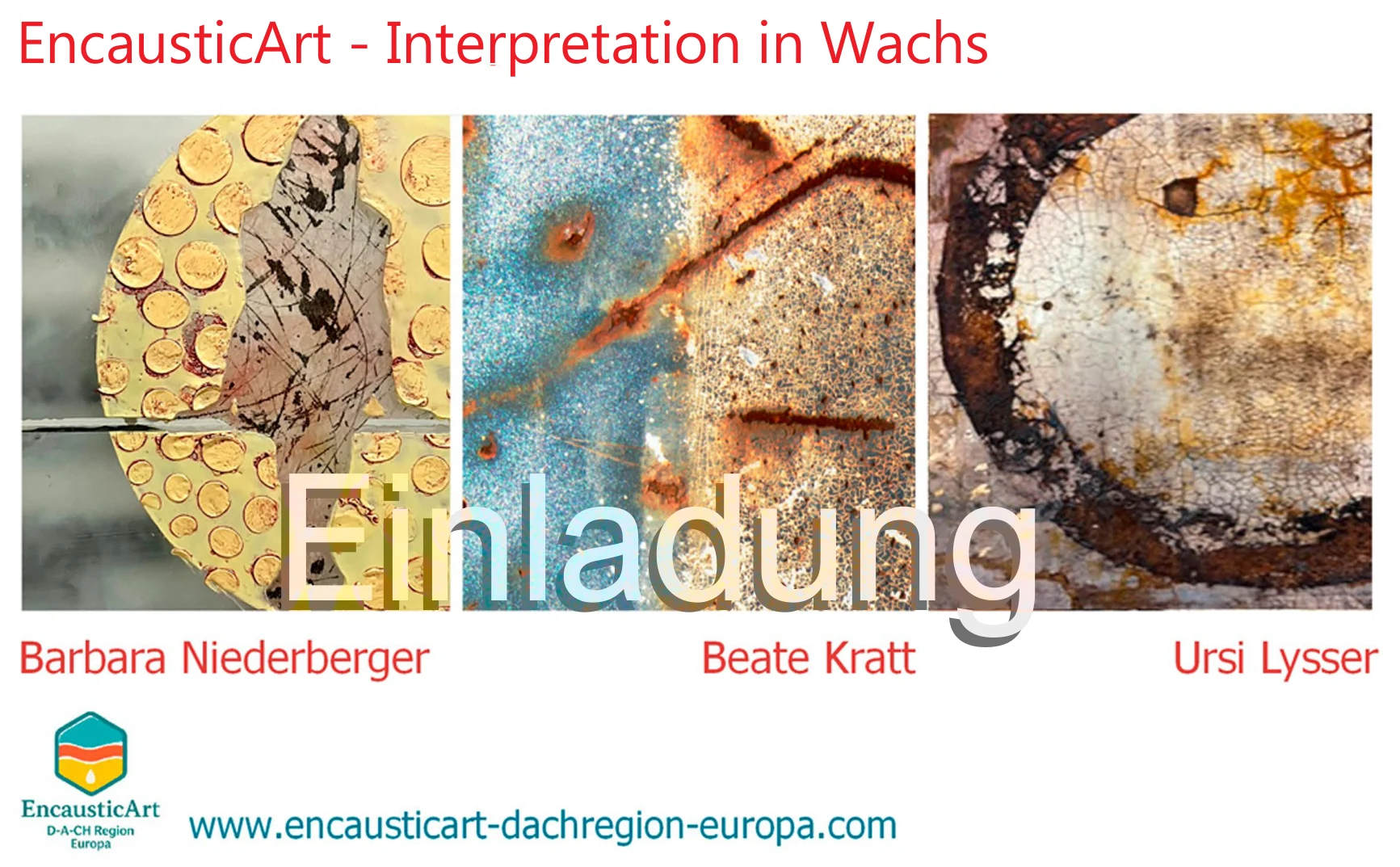 Einladung Vorderseite, EncausticArt Interpretation in Wachs, Gruppenausstellung Stade Juli bis August 2026