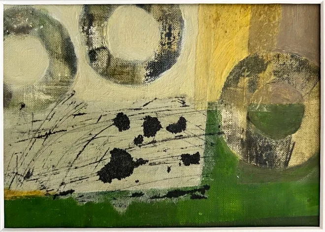 Fragments of Now II, abstraktes Diptychon mit Olivgrün, Gelb und schwarzen Ringformen
