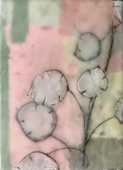 Garden`s Silver, Enkaustik auf Holz, helle Rosé- und Salbei-Töne mit kreisförmigen Formen