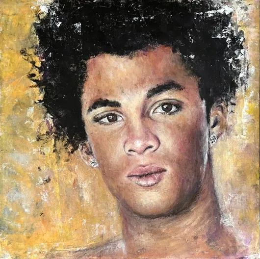 Mark, Kaltwachs-Portrait eines jungen Mannes mit dunklen Locken auf goldenem Ocker-Grund