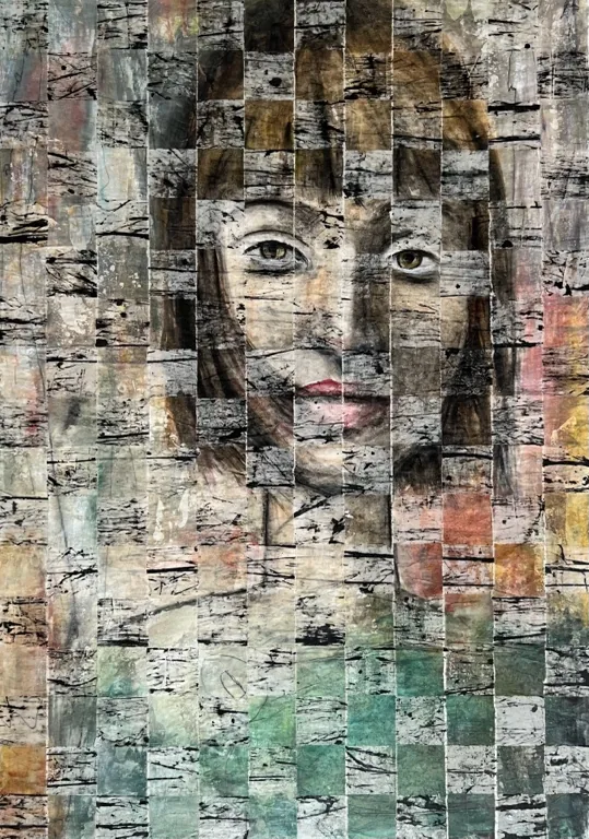 Veiled Presence, Enkaustik auf Papier, Mosaik-Portrait einer jungen Person aus kleinen bemalten Quadraten